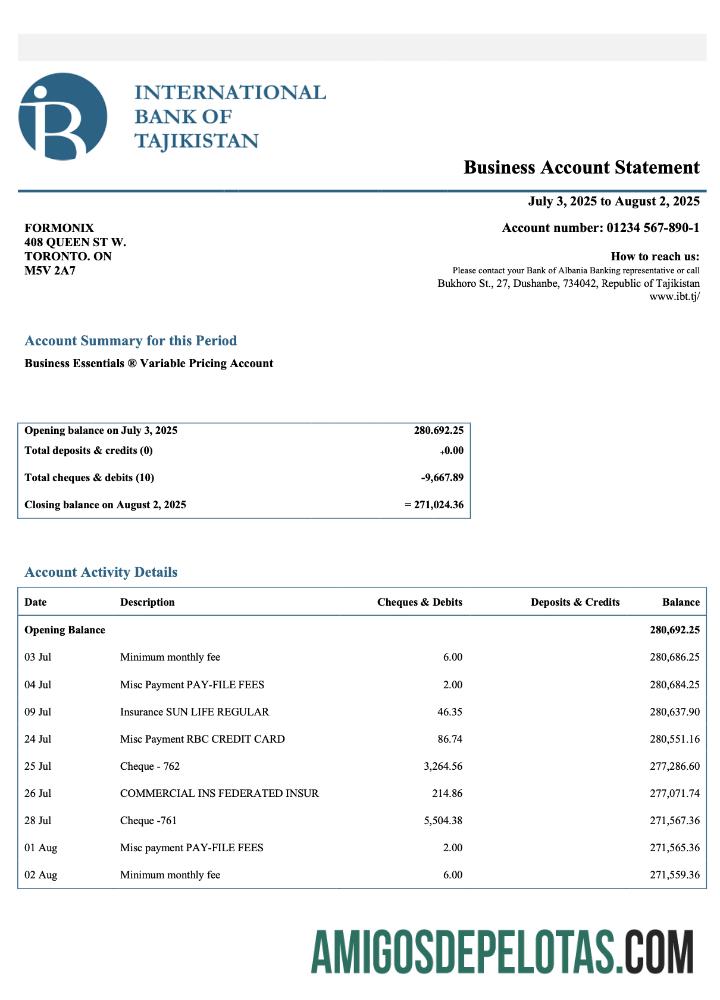 Imprimível Tadjiquistão IBT Business Checking Account Statement Word And PDF modelo